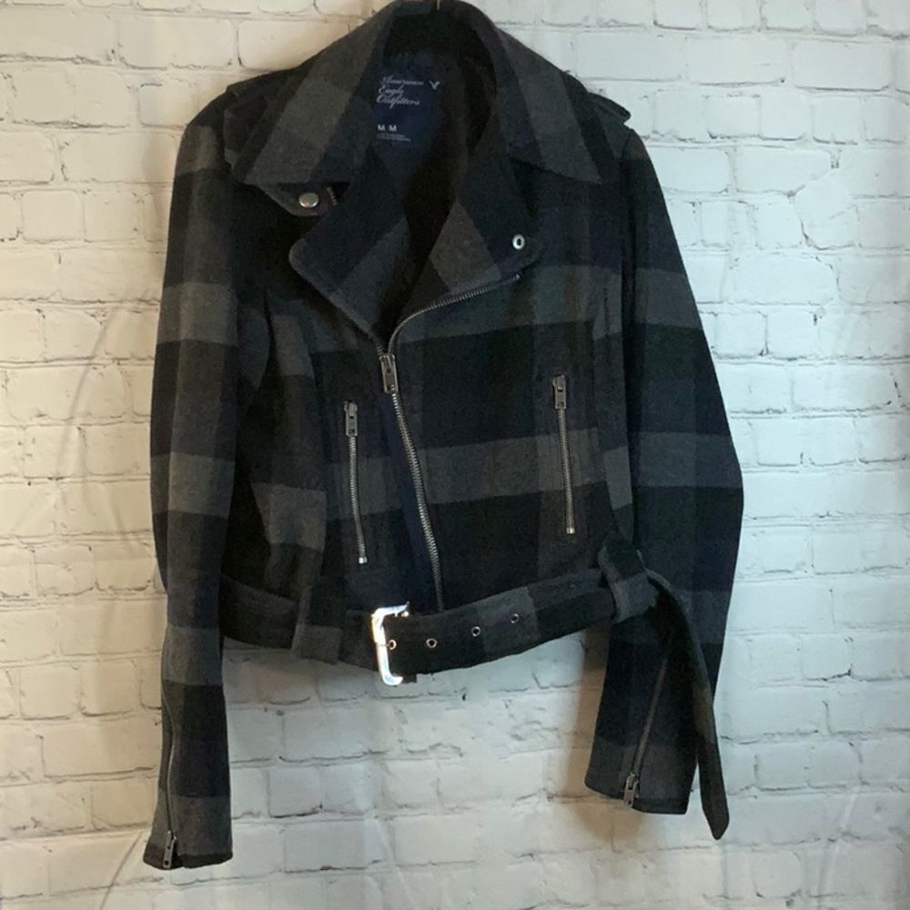 American Eagle Womens Jacket, Double Breasted, Zip, Belt Wool Plaid Coat, medium